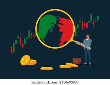 Businessman with magnifier monitor incident with Bear and Bull fighting.  of stock market trend. Root cause analysis and solving problems, risk analysis assessment. Global economy crash or boom.