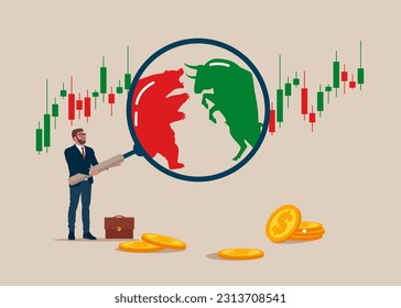 Businessman with magnifier monitor and investigate incident with bull vs bear symbol of stock market trend. Root cause analysis and solving problems, risk analysis assessment. 