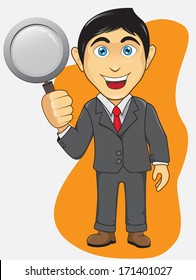 Businessman with magnifier pose