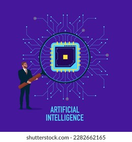 Businessman with magnifier standing near artificial intelligence. Artificial intelligence technology. Flat vector illustration