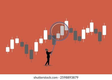 Businessman with magnifying candlestick chart. concept of Technical analysis to analyze stock market or crypto currency data movement, trend analysis to take profit, buy and sell indicator chart