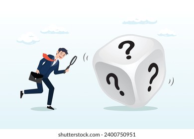 Businessman with magnifying glass analyse dice with question mark, random or chance to win, gamble, risk management or analyze opportunity, prediction or forecast future, unknown or uncertain (Vector)