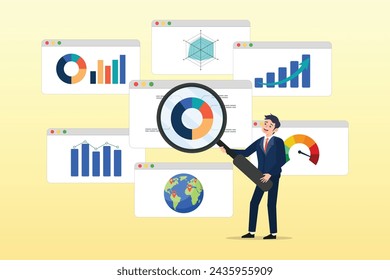 Empresario con lupa analizar gráfico y gráfico de investigación, informe de análisis, resultado de la investigación, tablero de gráficos y diagramas, estadísticas de gráficos financieros, analizar datos, SEO o optimización (Vector)