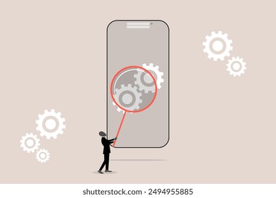 Businessman with magnifying glass to analyze cog wheels problem. concept of fix problem, Analyze, solving, and development
