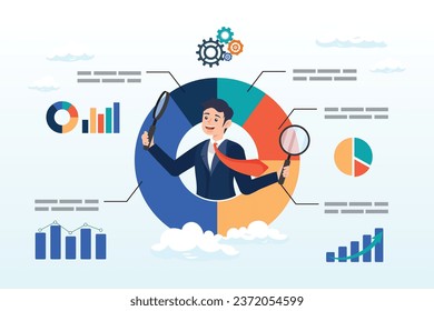 Businessman with magnifying glass analyzing pie chart data, analyze data, financial research analytics, data analysis, chart and graph or diagram, database report or predictive visualization (Vector)