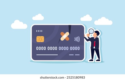 A businessman with a magnifying glass examines a damaged debit or credit card, illustrating the investigation of causes and solutions for financial losses and stabilization