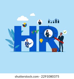 Businessman with magnifying glass focus on HR department. Employer hiring candidates. Recruitment agency, employment, headhunting business. Flat vector illustration