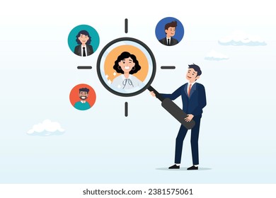 Businessman with magnifying glass focus on customer, users or people, customer centric marketing strategy to design product and service, UX user experience, advertising focused group (Vector)