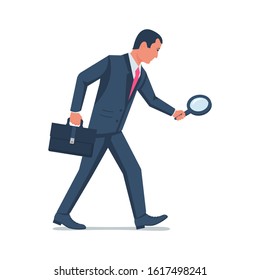 Businessman with a magnifying glass follows the trail. Search for the loss. Look through a lupe. Vector illustration flat design. Isolated on white background. A man in a suit and with a suitcase.