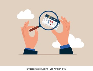Businessman with magnifying glass. ID card analysis or solving problem. Analyzing employee or job candidates. Modern vector illustration in flat style. 