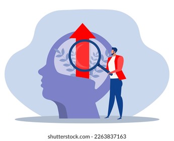 businessman magnifying glass for look think growth mindset on head human concept vector
