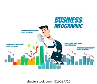 Businessman with magnifying glass looking for investment opportunity. vector cartoon style illustration.