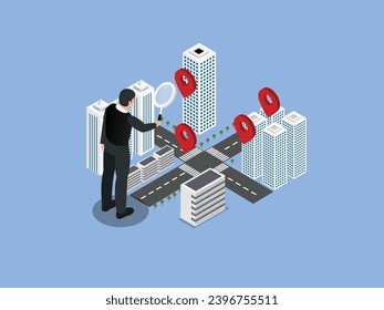 Businessman with magnifying glass looking for a location in the city isometric 3d vector concept