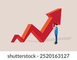 Businessman with magnifying glass looking for red arrow growing. concept of career growth, opportunity, and success