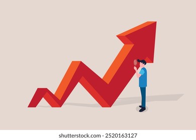 Empresário com lupa procurando seta vermelha crescendo. conceito de crescimento de carreira, oportunidade e sucesso