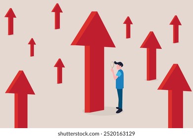 Empresário com lupa procurando seta vermelha crescendo. conceito de crescimento de carreira, oportunidade e sucesso