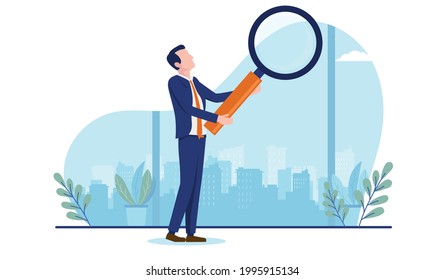 Businessman with magnifying glass - Person in business doing research and looking closer to find answers. Vector illustration with white background.