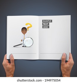 Businessman with magnifying glass printed on book over blue background
