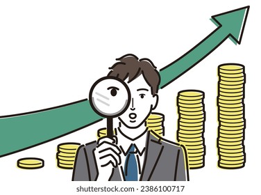 Businessman with a magnifying glass, rising arrow, stacking coins