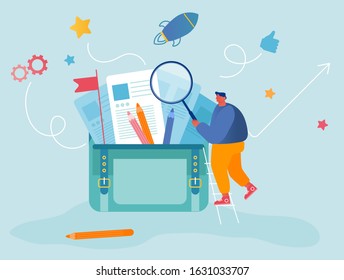 Businessman with Magnifying Glass Stand on Ladder at Huge Portfolio Searching Documents inside of Briefcase. Clerk Office Worker Every Day Routine, Business Attributes Cartoon Flat Vector Illustration