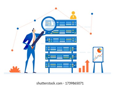 Businessman with magnifying glass stands next to server. It support team, internet security and data protection department works in the server room. 