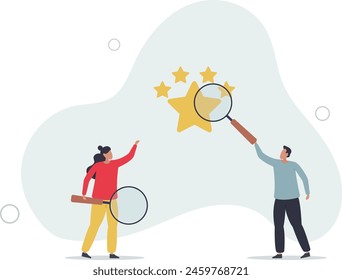 businessman with magnifying glass with stars quality score.flat vector illustration.