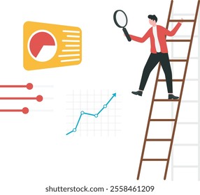 Businessman with magnifying glass using ladder to see work optimization based on graph. Optimization business concept. 

