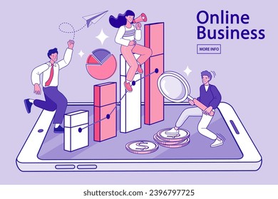 Businessman with magnifying glass walking in mobile phone. finance graph vector and coin business for investment search. Man goes up step by step. Business boost concept. Vector illustration flat.