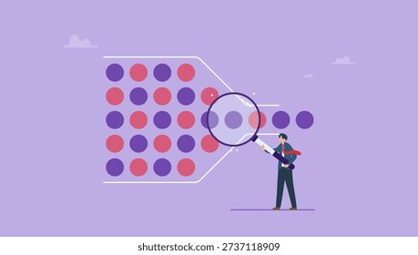 Businessman with magnifying looking at bottlenecking. Bottleneck make business run slow, struggle workflow or busy point make project delay, trouble flow, bottleneck analysis, control and workflow improvement.