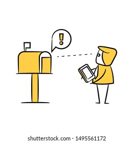 businessman and mail alert on postbox for communication concept yellow stick figure