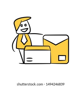 businessman with mail and newsletter yellow stick figure 
