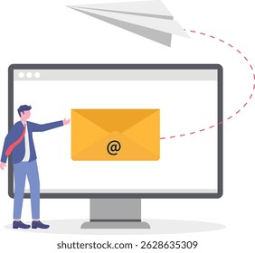 businessman with a mailing list computer laptop sending email.flat vector illustration.

