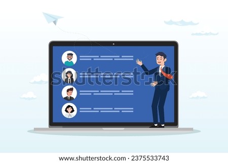 Businessman with mailing list computer laptop sending email, mailing list to send email campaign, subscription email management software, sending promotion or communicate marketing message (Vector)