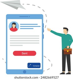 Businessman with mailing list tablet sending email. Mailing lists to send email campaigns, send promotions or communicate marketing message drafts, subscription email management software.