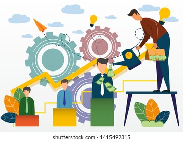 Businessman maintain graphs that have businessman on the graph.  business select partner or teamwork,  Analysis of sales statistic grow data accounting infographic. Economic deposits flat illustration