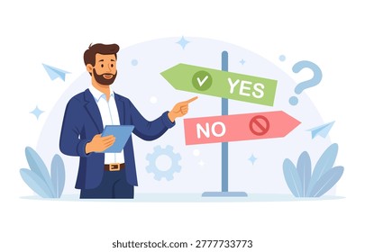 Businessman Make Difficult Decision about his Future Career Path, Business Strategy. Process of Choice between Yes or No. Person Thinking and Voting in Survey, Choosing Correct Solution