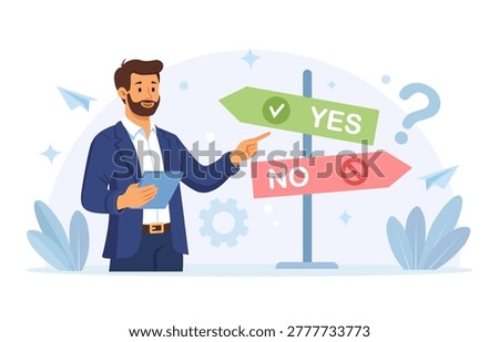 Businessman Make Difficult Decision about his Future Career Path, Business Strategy. Process of Choice between Yes or No. Person Thinking and Voting in Survey, Choosing Correct Solution