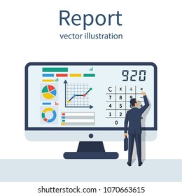 Businessman make financial report, concept. Research data analysis. Audit, market stats calculation. Summary report. Analyzing chart. Vector illustration flat design. Man work computer.