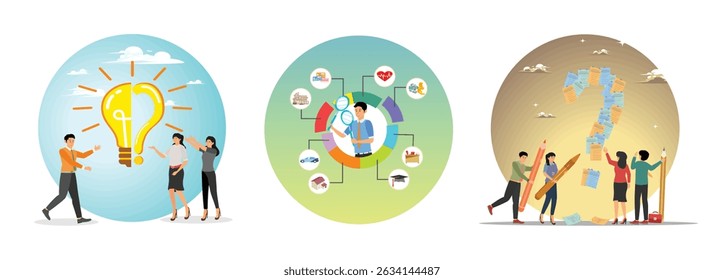Businessman make idea from question mark. Businessman analyze budget allocation pie chart. Business people listing question mark sticky note.