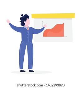Businessman make presentation with graph and chart. Office meeting or seminar. Isolated flat vector illustration