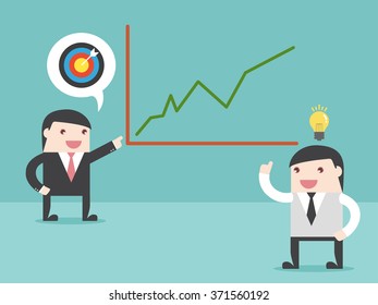 Businessman make target growing graph. Flat design for business financial marketing banking advertisement office people property in minimal concept cartoon illustration.
