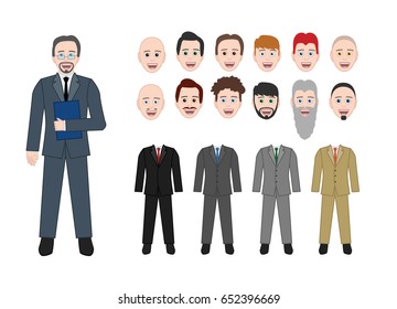 Businessman make your own character set, different hair cuts and facial hair, suit color schemes isolated on white background, vector eps10 illustration cartoon style