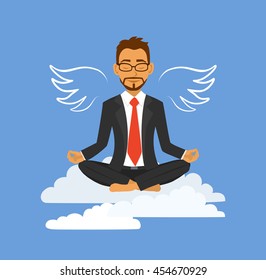 Businessman makes a break in the office, relaxing, meditating,  feels like flying. No stress at work