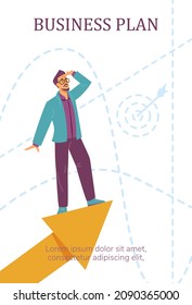 Businessman makes business plan, sets goals for future, thinks over visionary strategy. Concept with man with motivation, success oriented, career growth in flat vector illustration isolated on white