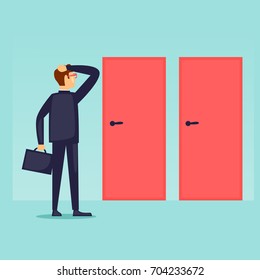Businessman makes a choice. Man chooses the path. Flat design vector illustration.