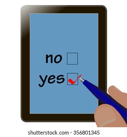 businessman makes a choice on the tablet, yes or no