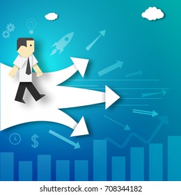 The Businessman Makes the Decision about Choosing the Path Before the Crossroads Paper Origami Crafted Business Concept. Cutout Template with Elements, Symbols, Icons. Vector Illustrations Art Design.
