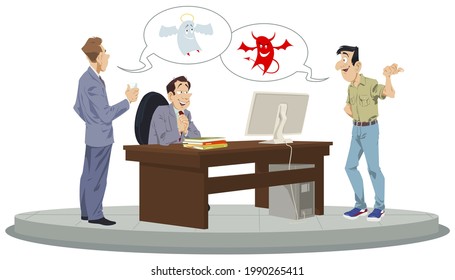 Businessman makes decision. Man solves dilemma. Choice between angel and demon. Illustration concept for mobile website and internet development.