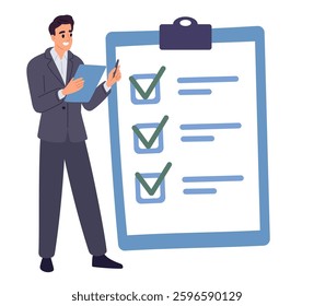 Businessman makes marks on checklist. Big document tablet. Planning list at clipboard. Efficient office worker. Deadline and work goals complete. Man putting checkmark