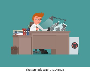 Businessman makes notes on a sheet of paper. Vector illustration. Flat design style. Suitable for animation (individual segments)